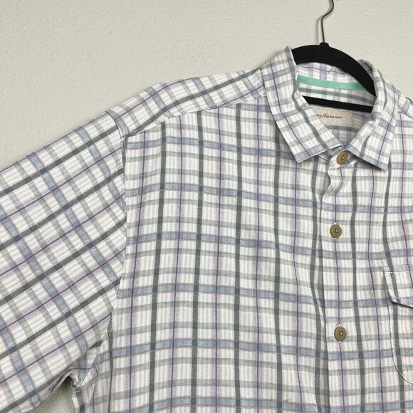 Tommy Bahama Men's Medium 100% Silk Short Sleeve Collared Shirt Plaid Cream - Picture 4 of 16
